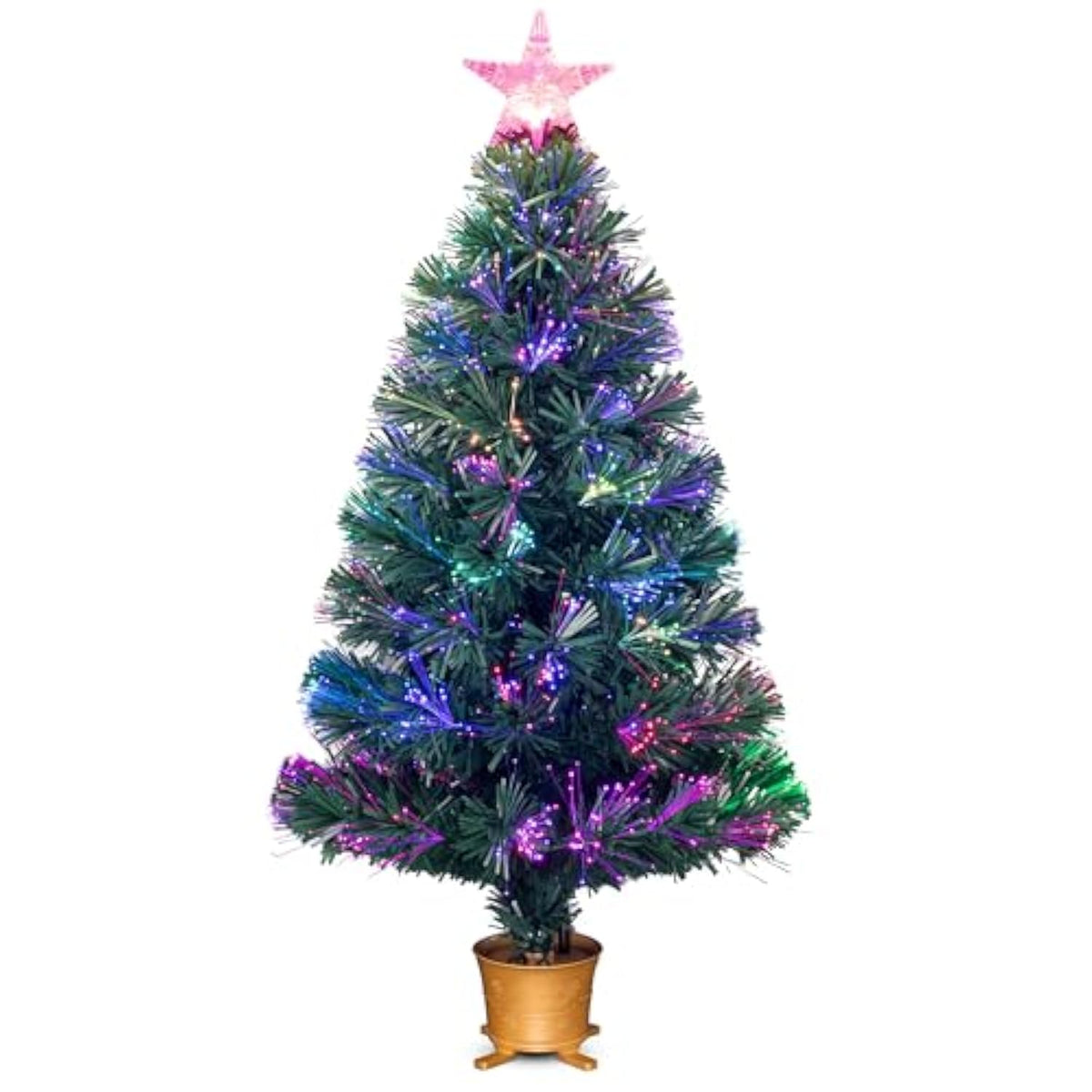 3Ft Pre-Lit Mini Fiber Optic Tabletop Artificial Christmas Tree Small Xmas Tree With Stars Decorations-Transparent