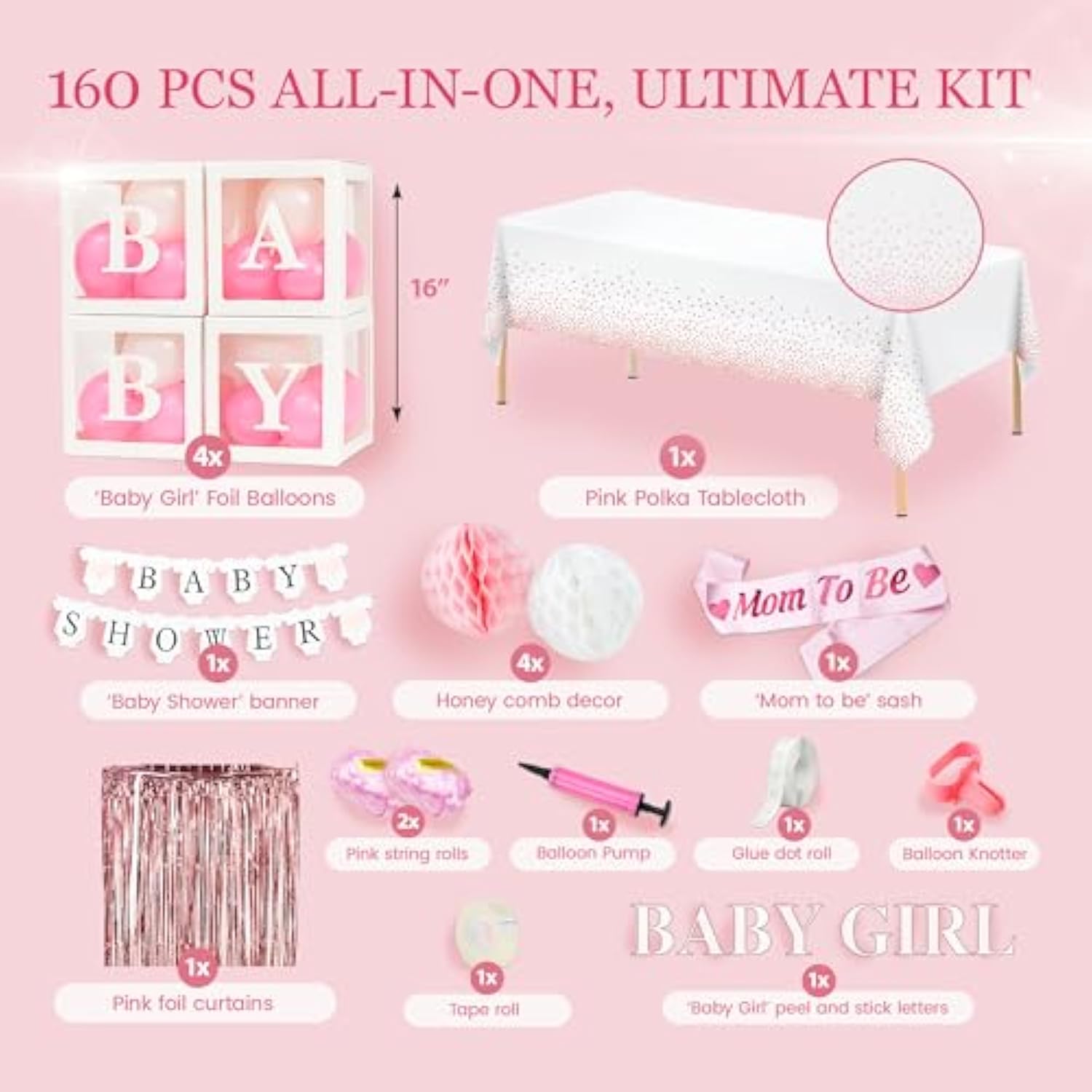 Pink Baby Shower Decorations For Girl - All-In-One Inclusive Jumbo Decor Set