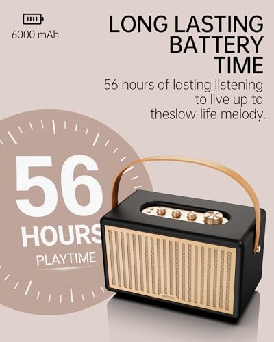 Retro Outdoor Bluetooth 6.0 Speaker, 56H Playtime Portable Wireless with Deep Bass, IPX6 Waterproof, USB-C Fast Charge, AUX Input, Loud Vintage