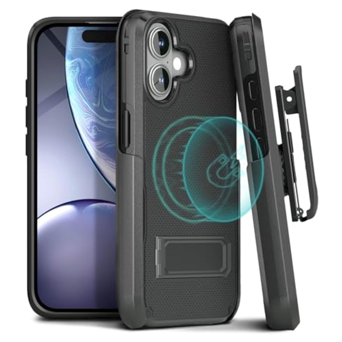 Iphone 16 Case With Belt Clip & Kickstand, Magsafe Compatible, Shockproof Shell Holster Combo, 6.1" | Black V2