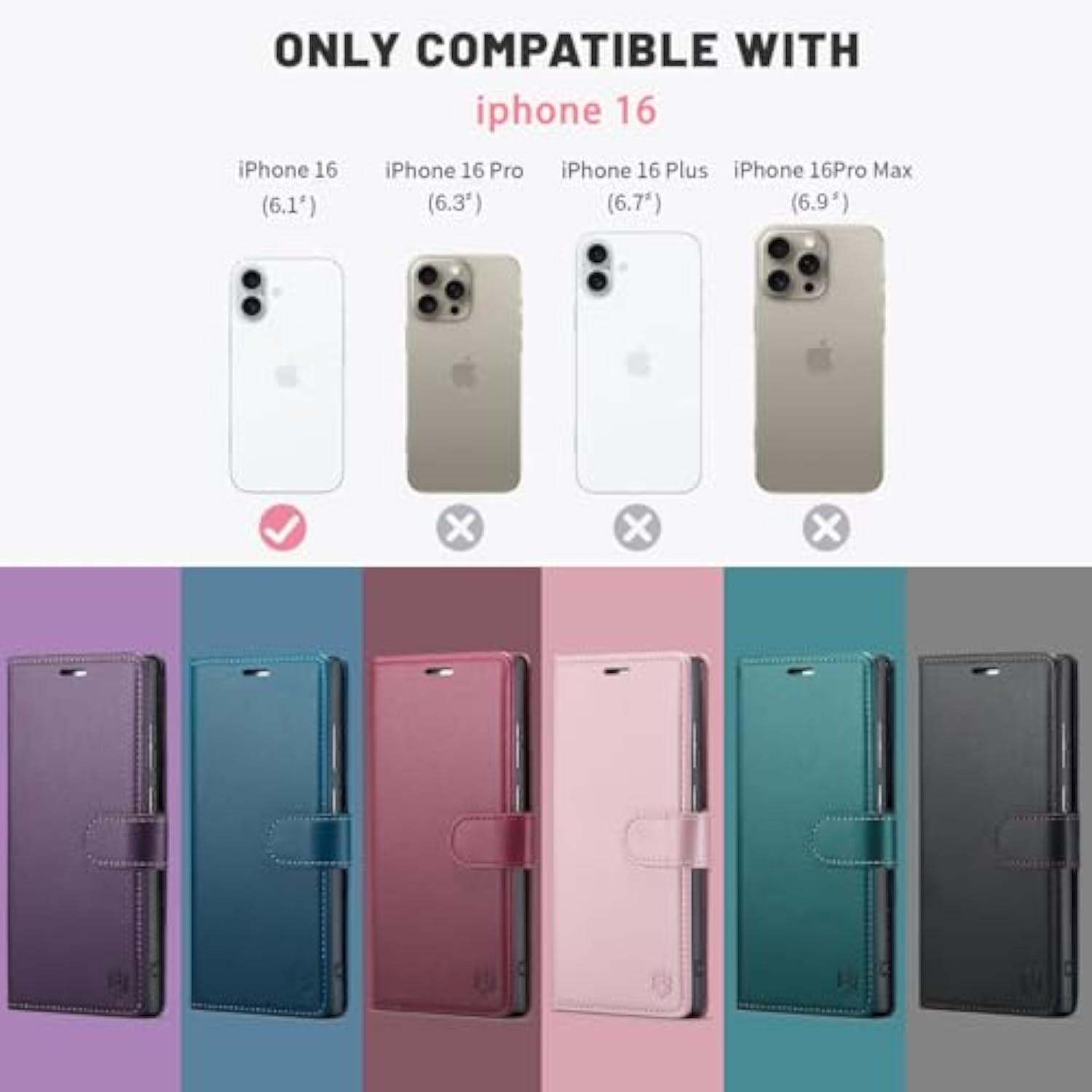 iPhone 16 6.1" Wallet Case with RFID Blocking, Kickstand, Shockproof PU Leather Cover
