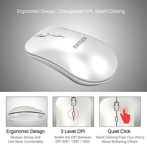 2.4G Wireless Mouse With Nano Usb Receiver Ergonomic Design Silent Clicking For Computer/Desktop/Pc/Laptop And Windows 10/8/7 Build In Rechargeable Battery - White