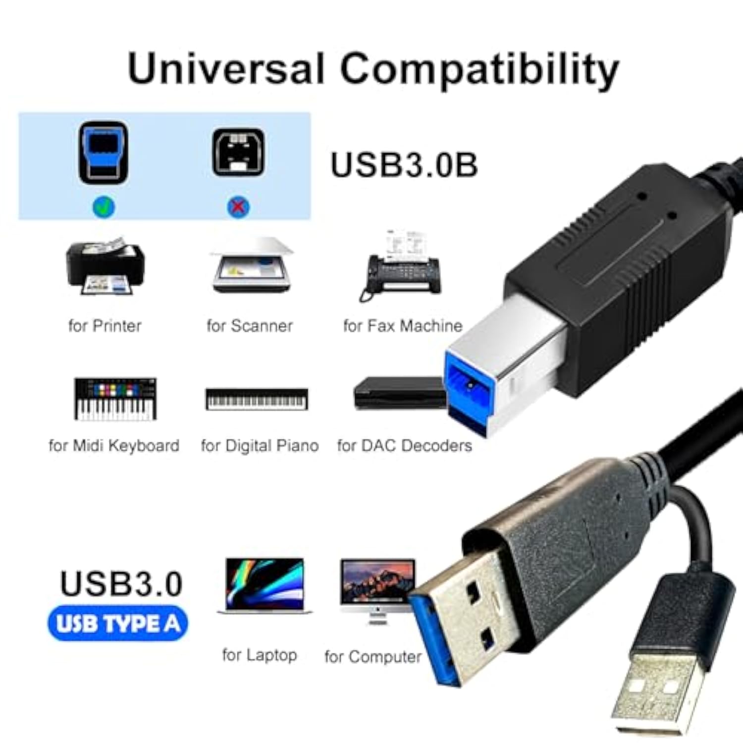 Long Usb3.0 Printer B Cable 60Ft, Usb-A Male To Usb-B 3.0 Male Upstream Cord Compatible With Docking Station, External Hard Drivers, Scanner, Printer With Hp, Canon, Brother And More