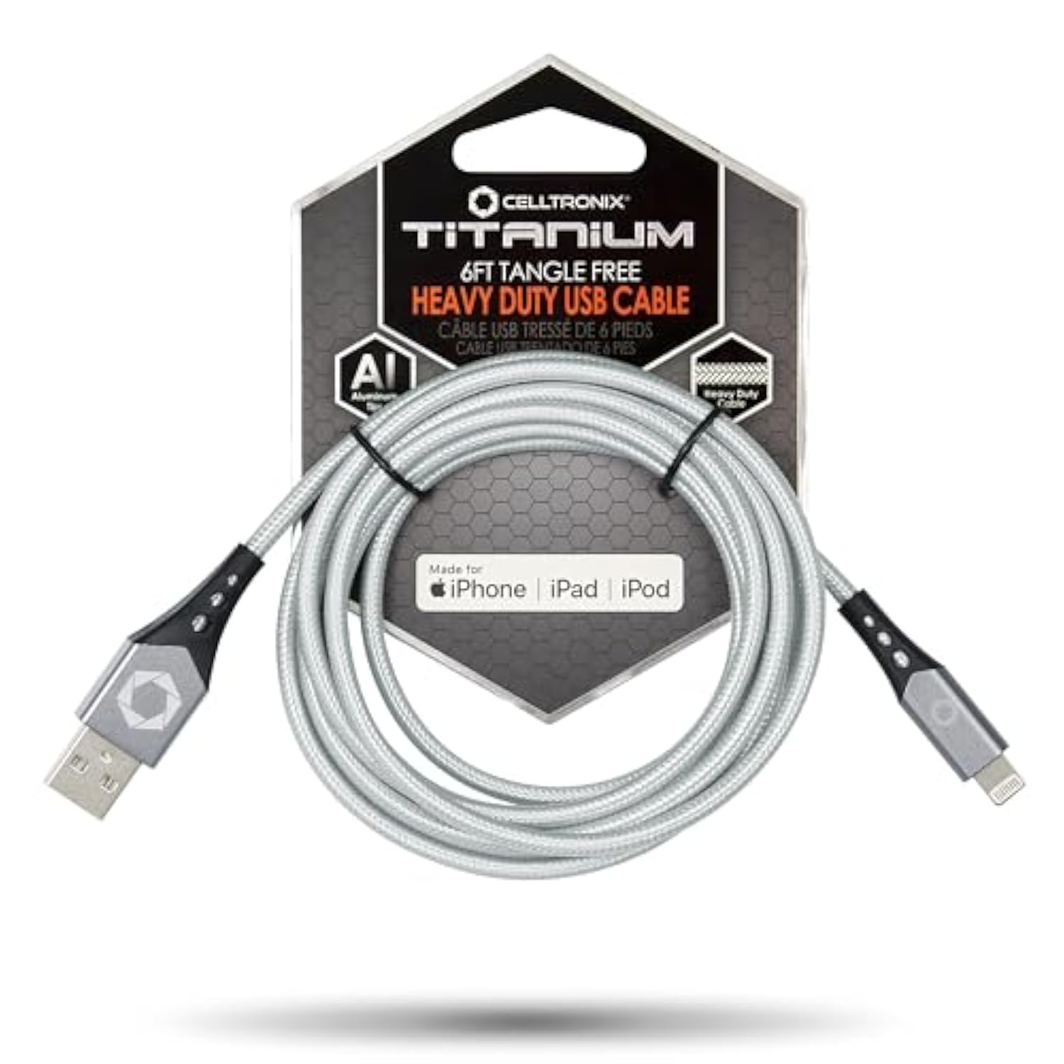 Titanium [Apple MFi Certified] 6FT Fast Charging Tangle Free Heavy Duty USB to Lightning Cable. Includes Sync+Charge & Aluminum Tips for Optimum Connectivity: Silver