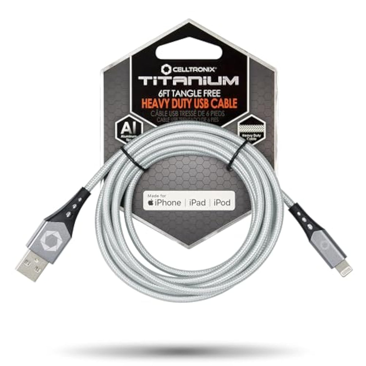 Titanium [Apple MFi Certified] 6FT Fast Charging Tangle Free Heavy Duty USB to Lightning Cable. Includes Sync+Charge & Aluminum Tips for Optimum Connectivity: Silver