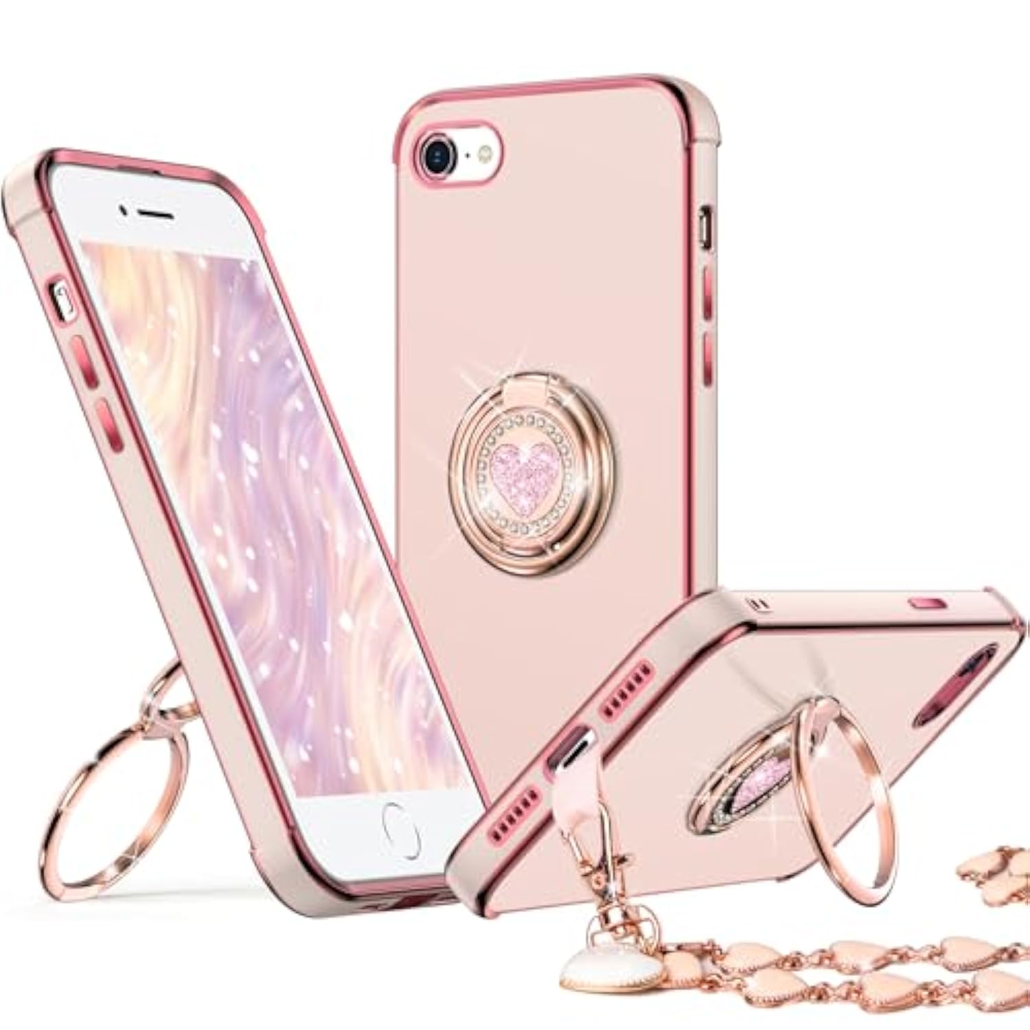 Case For Iphone Se 2022 [3Rd Gen], Se 2020 [2Nd Gen], Iphone 8/7 Phone Case With Double Ring Kickstand, Women Girl Cute Love-Heart Luxury Bling Protective Case For Iphone 7/8/Se, Pink