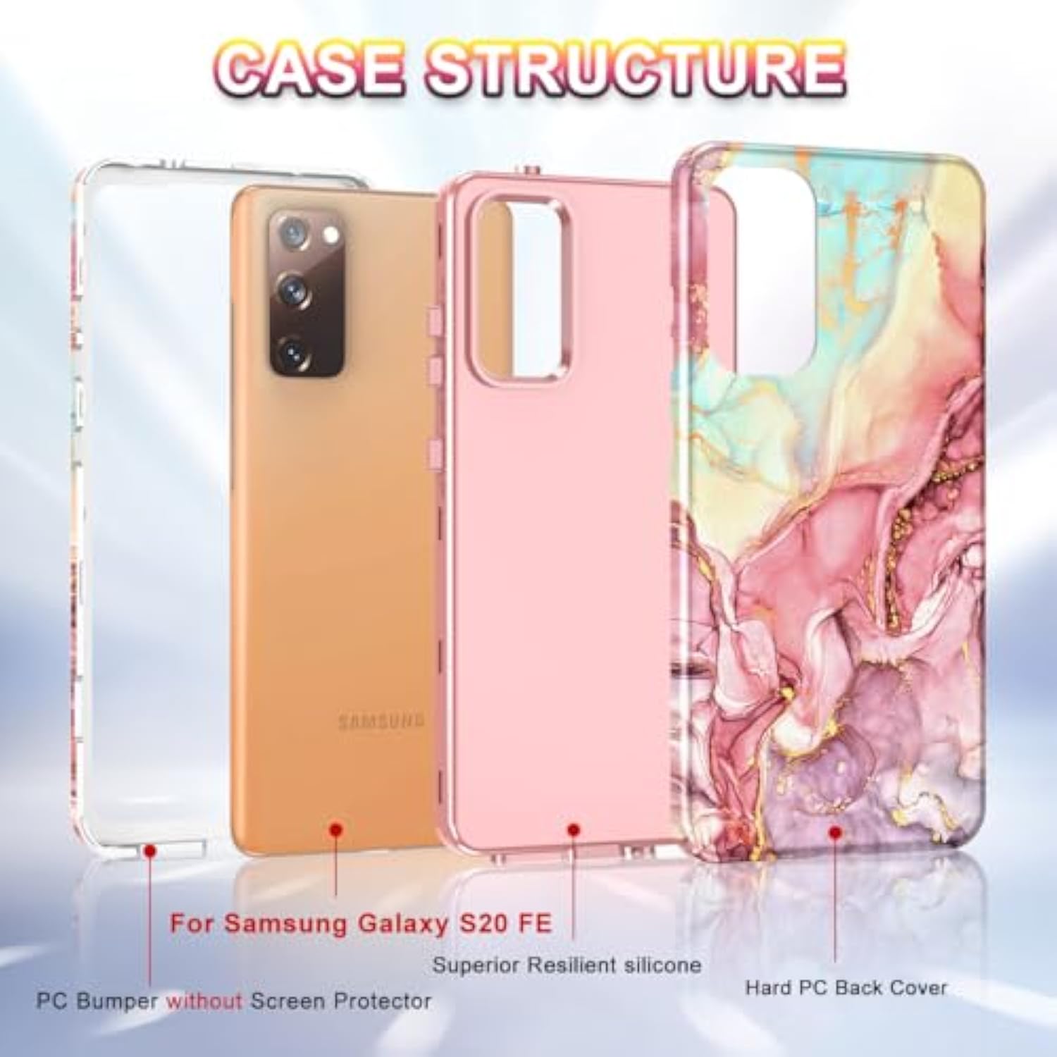 For Galaxy S20 Fe 5G Case, Marble Pattern 3 In 1 Heavy Duty Shockproof Full Body Rugged Hard Pc+Soft Silicone Drop Protective Women Girl Covers For Samsung Galaxy S20 Fe, Rose Gold