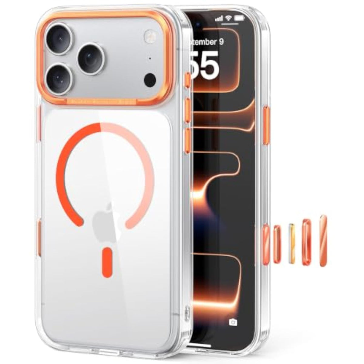 Clear Magnetic Phone Case for iPhone 17 Pro Max with Magsafe and Camera Control, Aluminum Camera Frame, Military Grade Protection, Orange Color