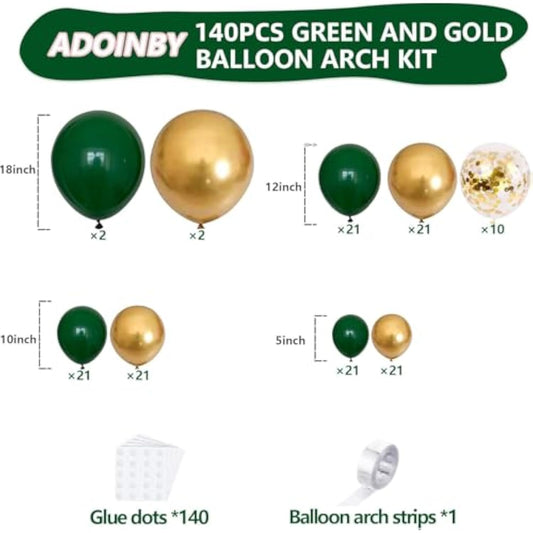 Green And Gold Balloon Arch Kit, 140Pcs Metallic Gold Balloon Emerald Forest Hunter Dark Green Balloon 18 12 10 5 Inch Different Size Balloons For Birthday Anniversary Jungle Party Decorations