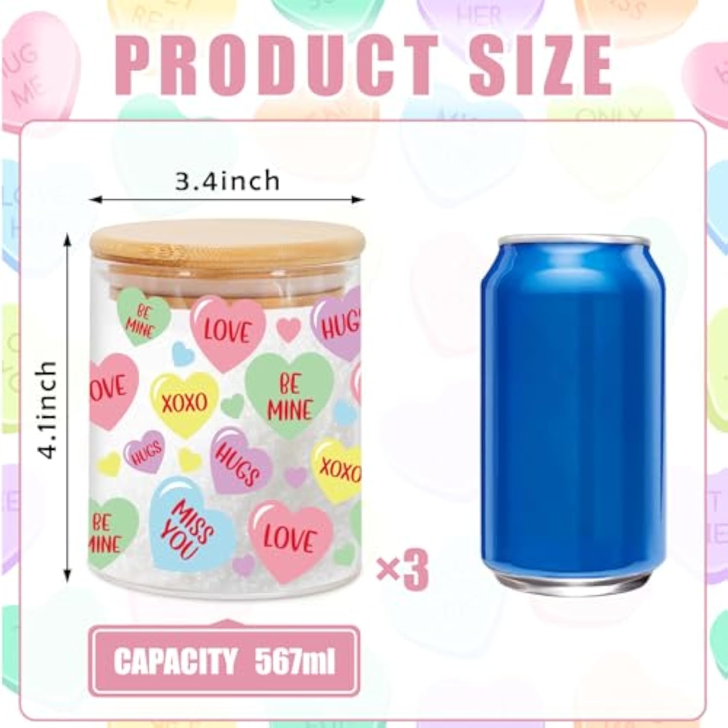 3Pcs Valentine Glass Storage Jars With Airtight Lid Pastel Conversation Heart Decorative Canisters Sets For Home Kitchen Countertop