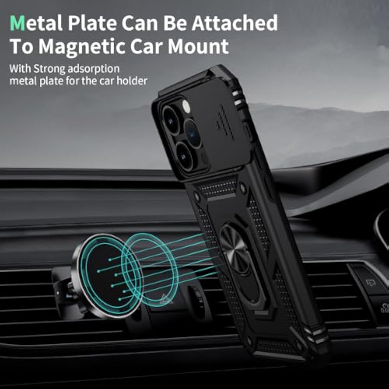 iPhone 14 Pro Case with Camera Lens Cover, HD Screen Protector, 10 FT Military Grade Drop Protection, Magnetic Ring Holder Kickstand Protective Phone Case, Black