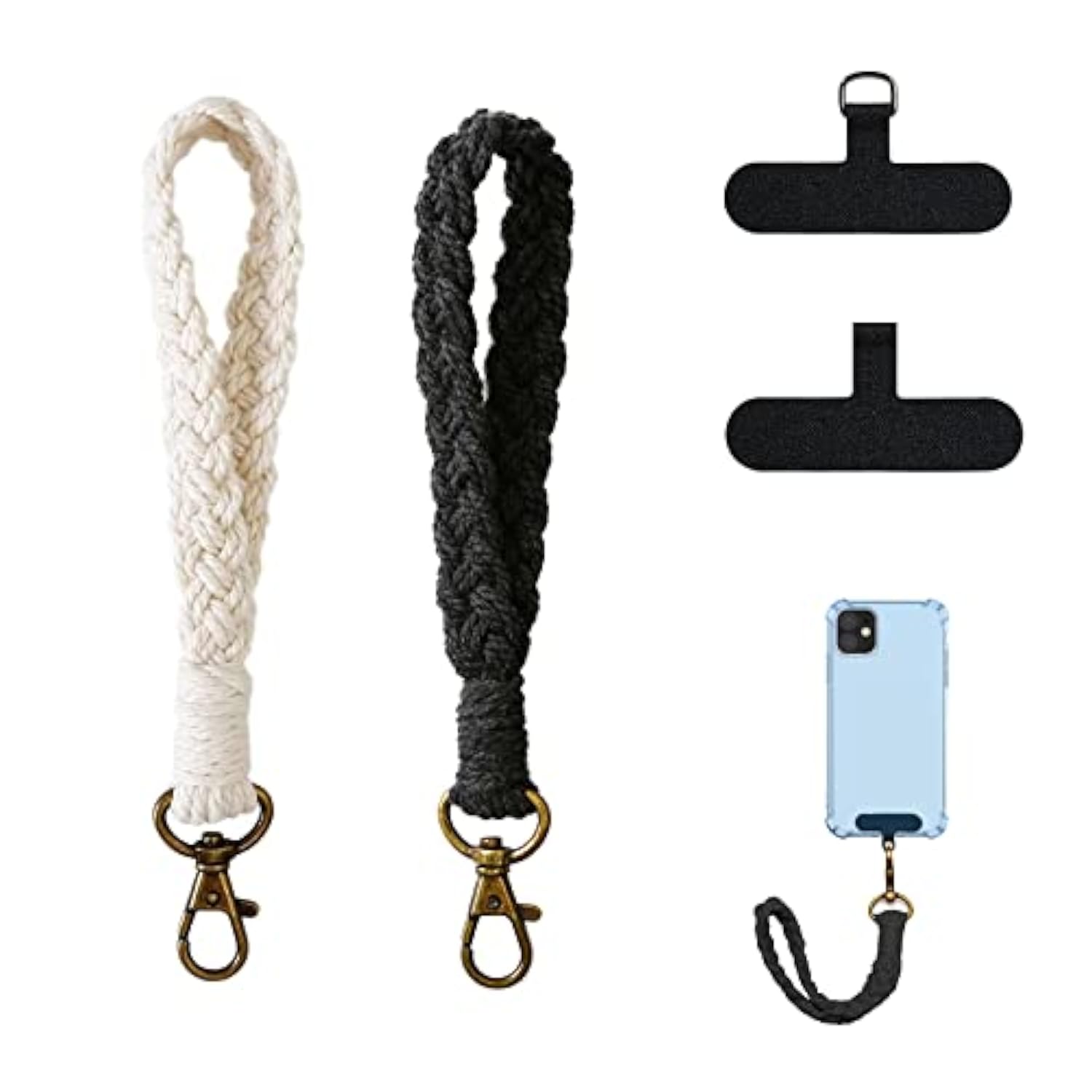 2 Pcs Phone Wrist Strap, Cell Phone Lanyard, With 2× Phone Tether Tab, Handmade Macrame Keychain, Phone Case Wrist Lanyard For Women Girls(White+Black)