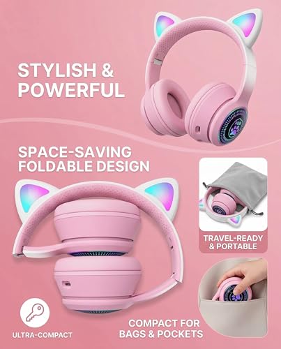 Cat Ear Gaming Bluetooth 5.3 Wireless Foldable Headphones with LED Light, Stereo Game Surround Sound Over-Ear Headsets with Microphone AUX for PC,