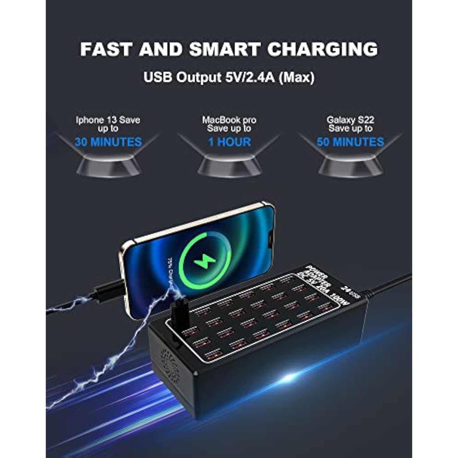 24-Port 100 Watt (20 A) Usb Charging Station, Travel Desktop Usb Rapid Charger, Multi Ports Fast Charger Station Organizer Compatible With Smartphones, Tables, And More Devices