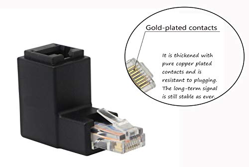90 Degree Ethernet Lan Rj45 Male To Female, Right Angle Network Cat5 / Cat5E / Cat6 Extender Adapter(2-Pack) Black,(Up Angle)