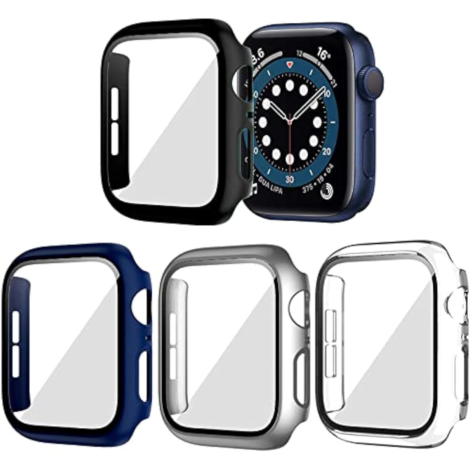 4 Pack Hard Pc Case Compatible With Apple Watch Series 9/8/7 45Mm, Case With Tempered Glass Screen Protector Bubble-Free Cover For Iwatch 9/8/7 Accessories, (Black+Blue+Silver+Clear, 45Mm)