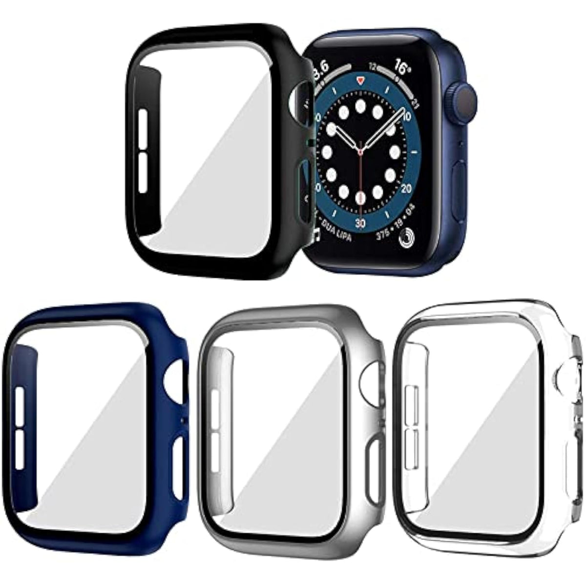 4 Pack Hard Pc Case Compatible With Apple Watch Series 9/8/7 45Mm, Case With Tempered Glass Screen Protector Bubble-Free Cover For Iwatch 9/8/7 Accessories, (Black+Blue+Silver+Clear, 45Mm)