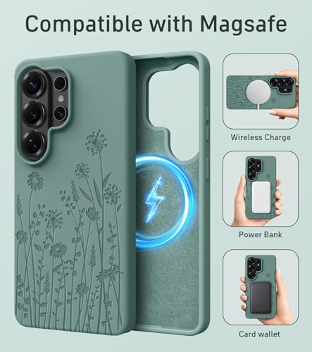 for  Galaxy S26 Ultra Case Compatible with MagSafe, Engraved Floral Liquid Silicone Design Thin Slim Grip Soft Shock Proof Phone Case for