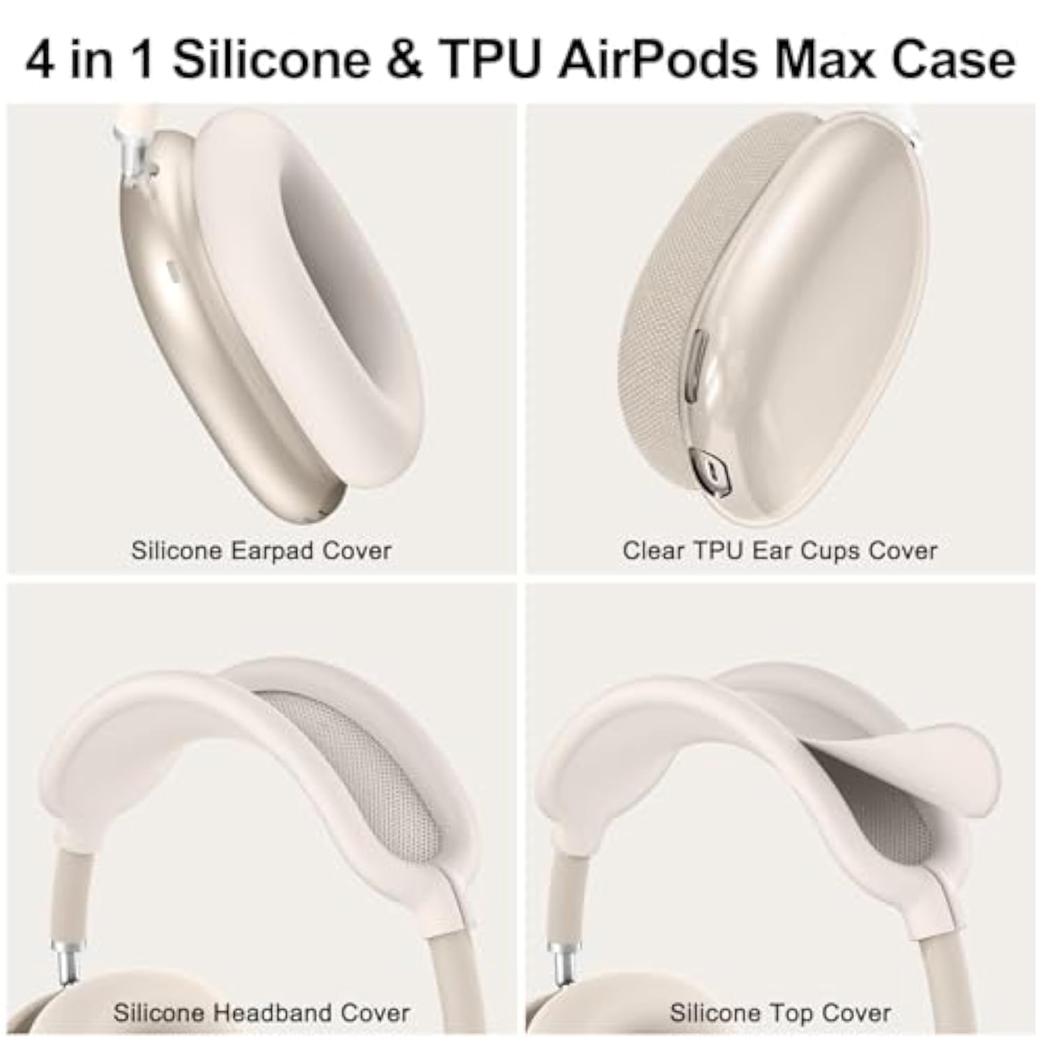 [4 In 1] Silicone Case Cover For Airpods Max, Clear Soft Tpu Ear Cups Cover/Ear Pad Case Covers/Headband Covers Transparent Accessories For Apple Airpods Max (2024/2020)(Usb-C/Lightning), Stone