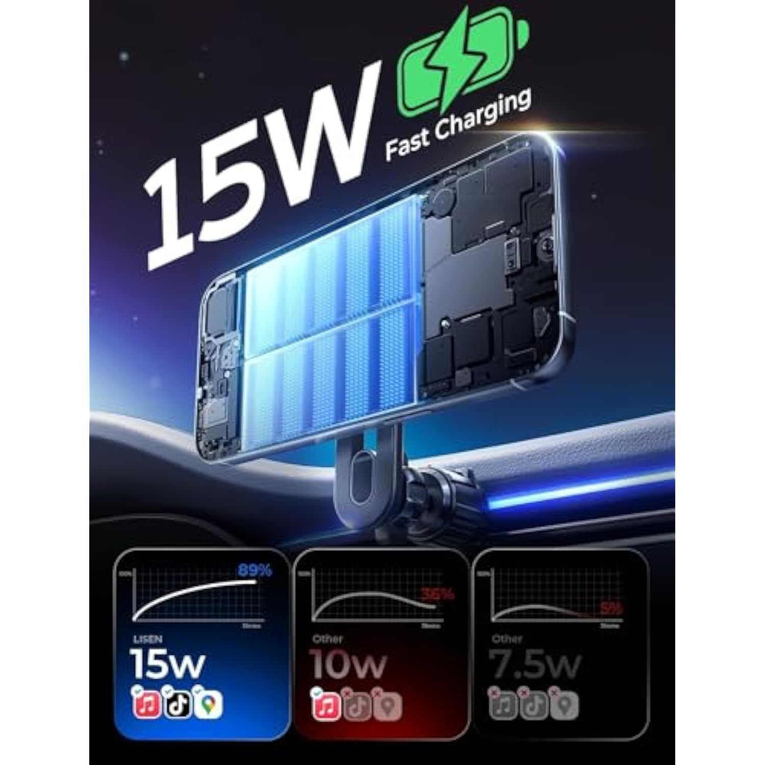 15W MagSafe Car Mount Charger with Long Arm, Wireless for iPhone 15/14/13/12