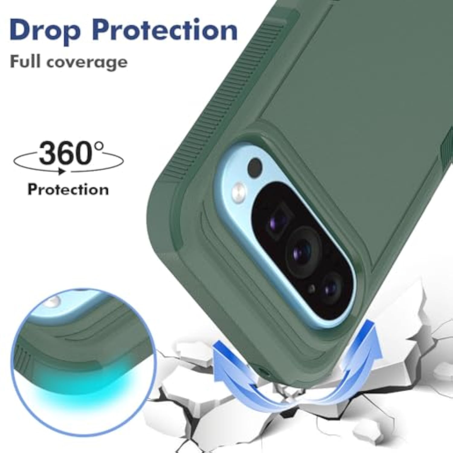 Dual Layer Protective Heavy Duty Cell Phone Cover for Google Pixel 9 / Pixel 9 Pro - Military Grade Protection Bumper with Screen Protector - Dark Green