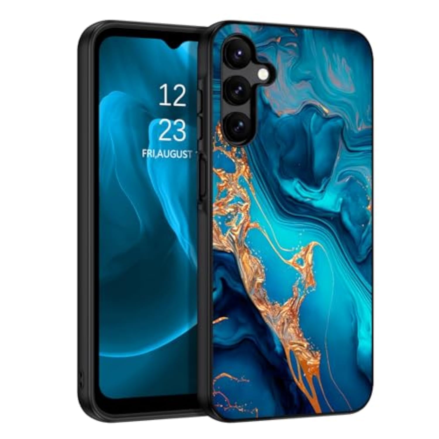 Glow in the Dark Hybrid Hard PC Soft TPU Bumper Drop Protective Case for Samsung Galaxy A15 5G, Blue Marble/Gold