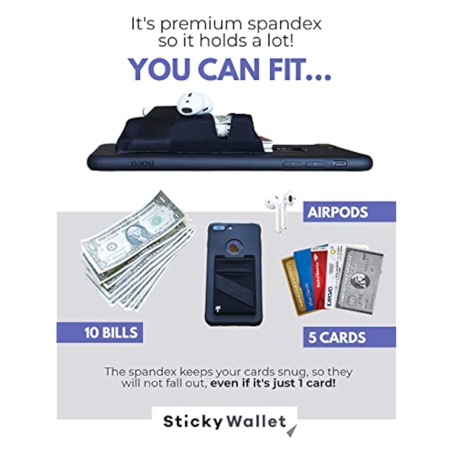 The Sticky Wallet – Spandex Stick-on Phone Wallet with Double Pocket & Strap