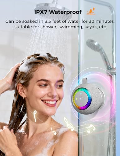Bluetooth Shower Speaker Waterproof IPX7: Removable Vacuum-Lock Suction Cup, 360° Surround Sound, RGB Lights, Portable Wireless Speaker for Beach,