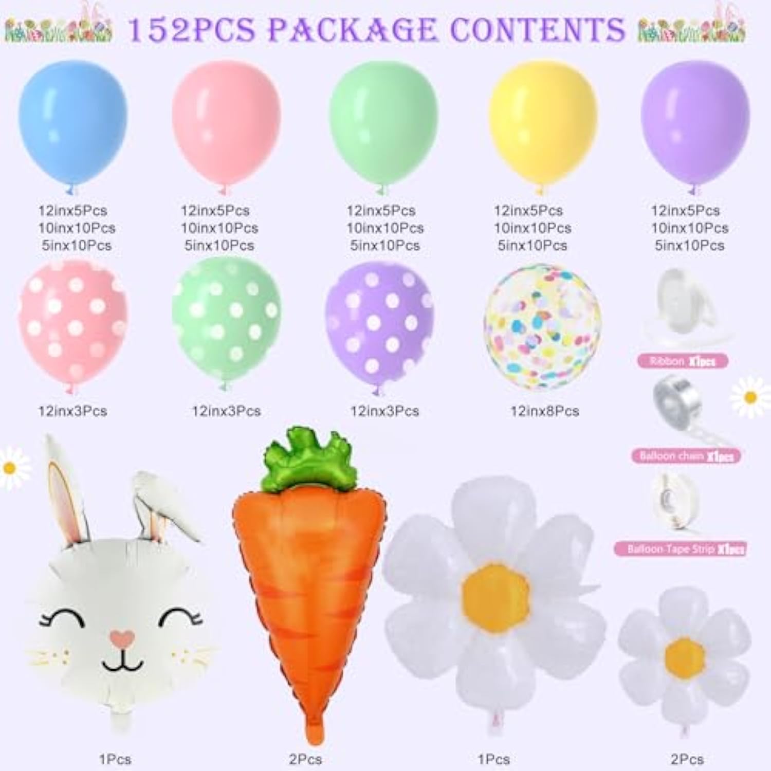 Easter Balloon Arch Kit 158Pcs - Pastel Balloons With Bunny, Carrot & Daisy Balloons For Easter Party Decorations, Spring Birthday, Baby Shower