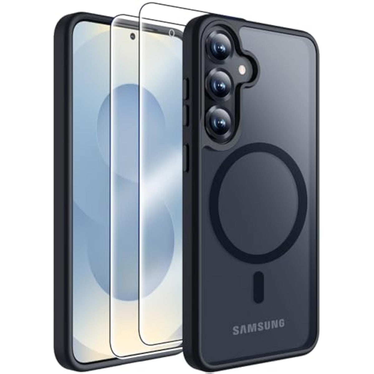 For Samsung Galaxy S25 Case With Magnetic,[Compatible With Magsafe][15Ft Dropproof][2*Screen Protector] Translucent Matte Anti-Slip Back Slim Shockproof Case For S25,6.2"-Black