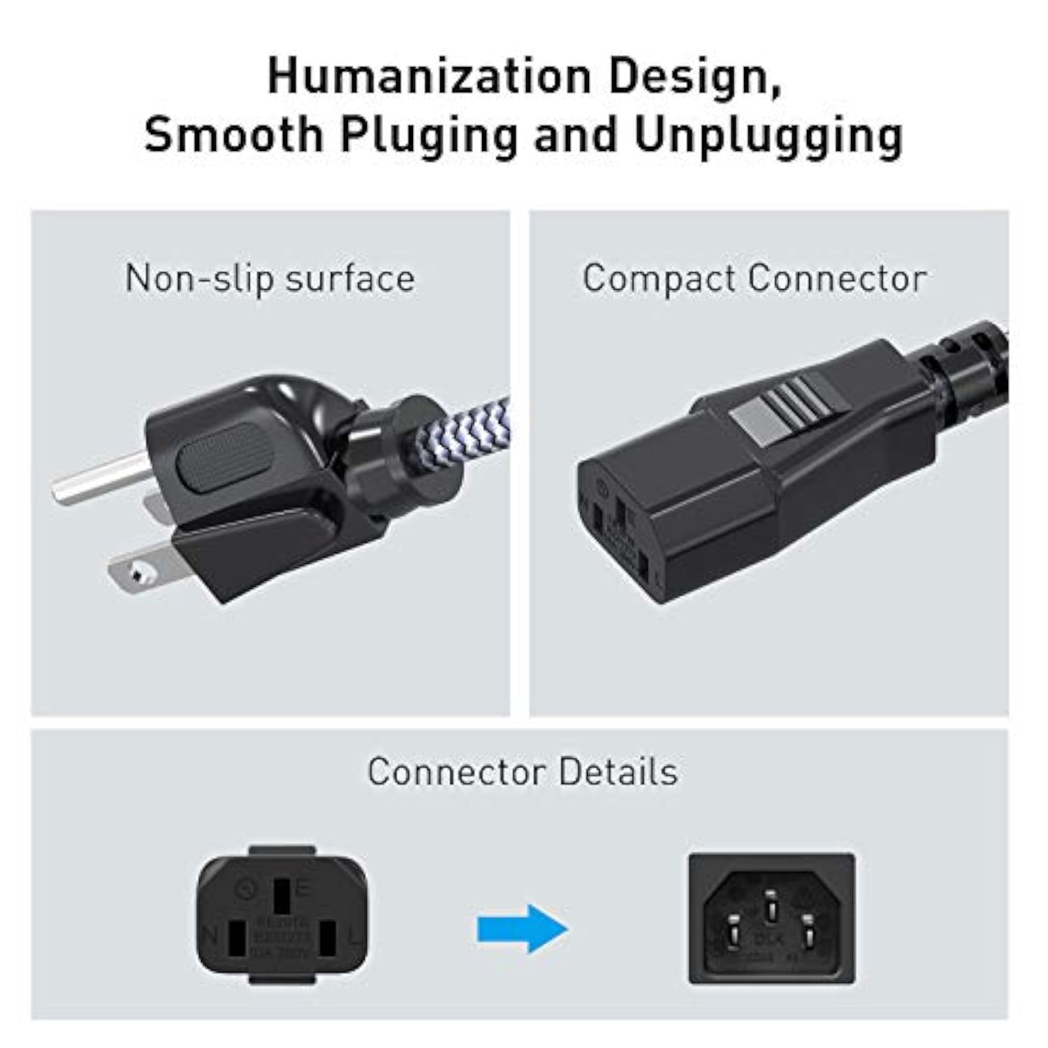 Power Cord, 15Ft/4.5M Ac Power Cable 18Awg Nylon Braided 3 Prong Power Cord Replacement Power Cable Ul Certified For Computer, Tv, Monitor, Printer, Pc, Projector & More