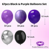 Purple And Black Balloons, 67Pcs 12 Inch Purple Black Silver Latex Balloons For Birthday Graduation Bridal Shower Halloween Party Decorations