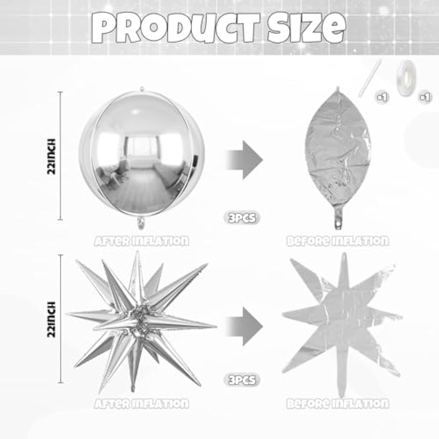 6 Pcs 22-Inch Silver Starburst & 4D Foil Balloons Large Metallic Party Decor