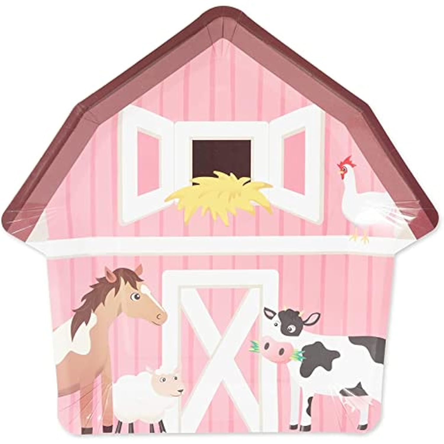Farm Animal Birthday Plates - 10" X 10", Pink & Red Barnhouse Shape, 48 Count - Barnyard Paper Plates For Farm Party, Barnyard Birthday Decor & Party Accessories