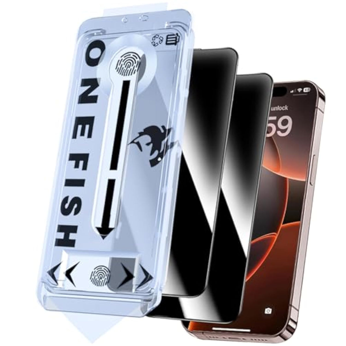 OneFish Privacy Screen Protector for iphone 16 Pro Max, Airbag Edge Protection Anti Spy Private Tempered Glass Film with Installation Frame 9H Scratch Resistant Easy Installation-2Pack.