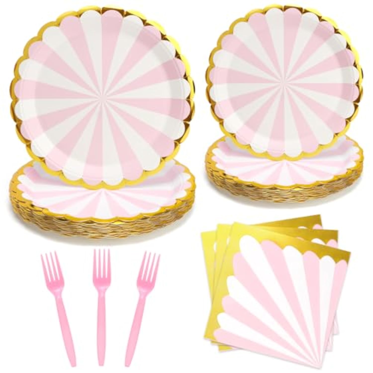96Pcs Pink Party Paper Plates With Gold Scalloped Edge, Pink Scalloped 9Inch 7Inch Dessert Paper Plates Party Supplies For Birthday Bridal Shower Picnic, Serve For 24 Guests, Striped