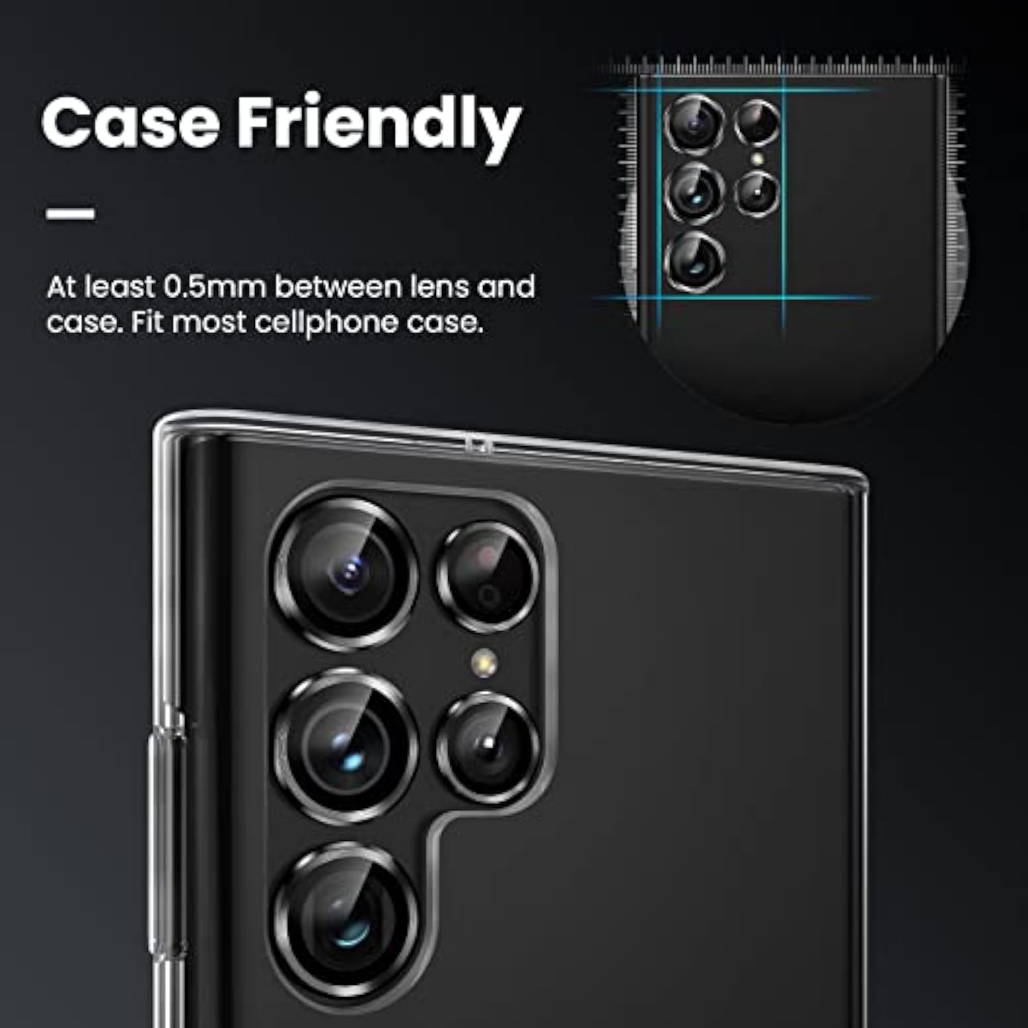 [3+2Pcs For Samsung Galaxy S22 Ultra Camera Lens Protector, 9H Tempered Glass Camera Cover Screen Protector Metal Individual Ring For S22 Ultra 5G 2022 [Installation Tray][Removal Tool]- Black
