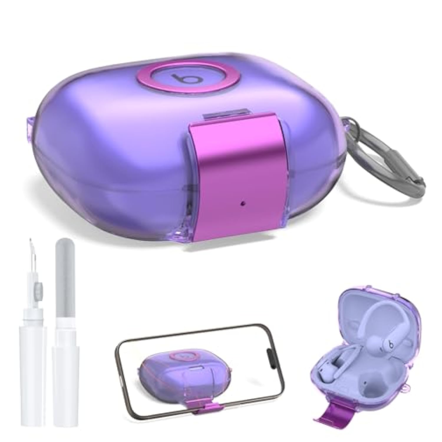 [Dual Function Lock] For Beats Powerbeats Pro 2 Case Cover With Phone Stand, Clear Protective Cover With Beats Powerbeats Pro 2 2025 Charging Case With Cleaner Kit And Carabiner-Clear Purple