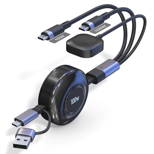 Retractable Multi Charging Cable 100W - 3 in 2 Travel Portable Retractable Charger Cords with 2 USB C and iWatch Charger Port for iPhone 17/16/15