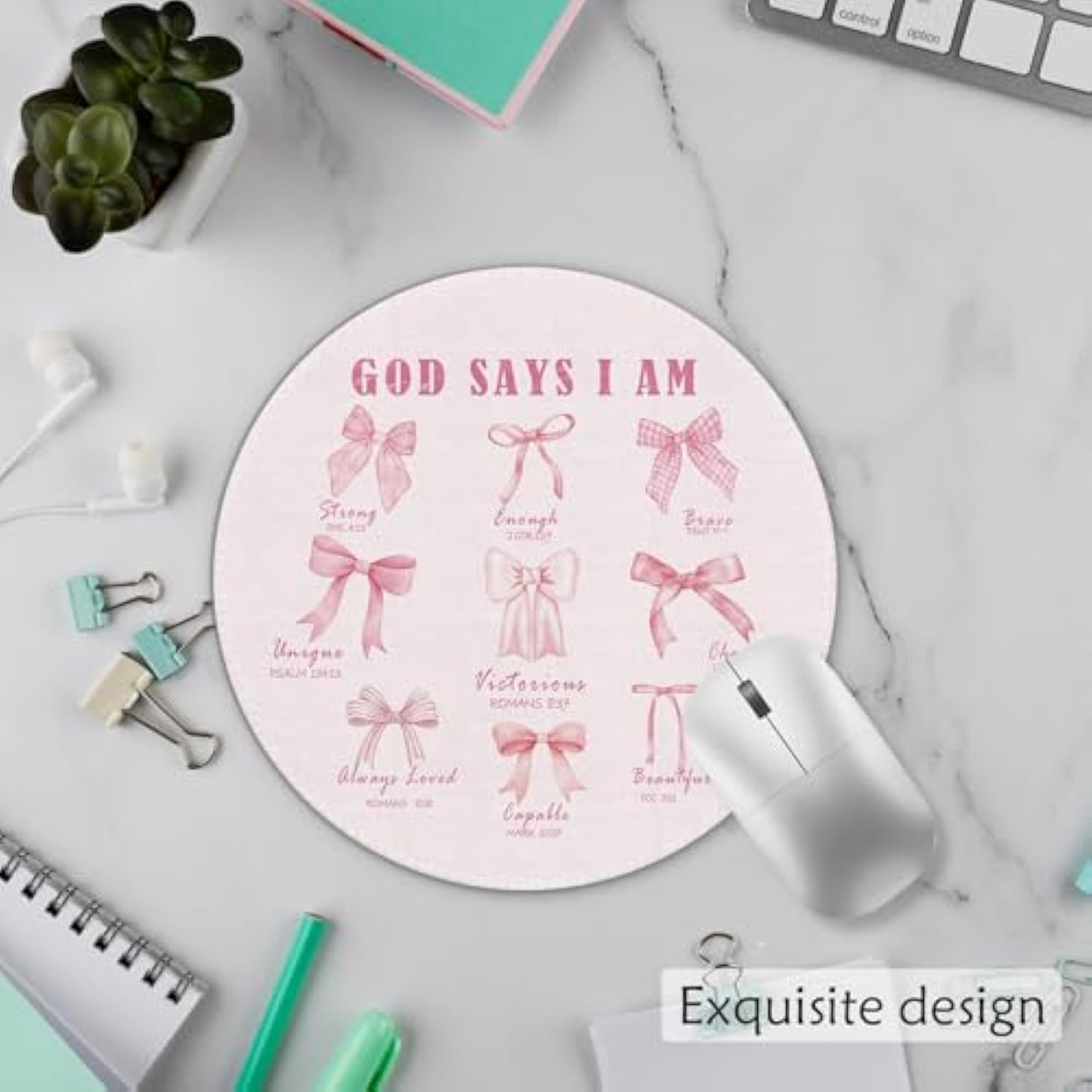Coquette Pink Bow Christian Mouse Pad, Christian Gifts For Women, God Says I Am Bible Verse Girly Pink Mousepad For Computers Laptop Home Office Dorm Desk Accessories, 7.9X7.9 Inch