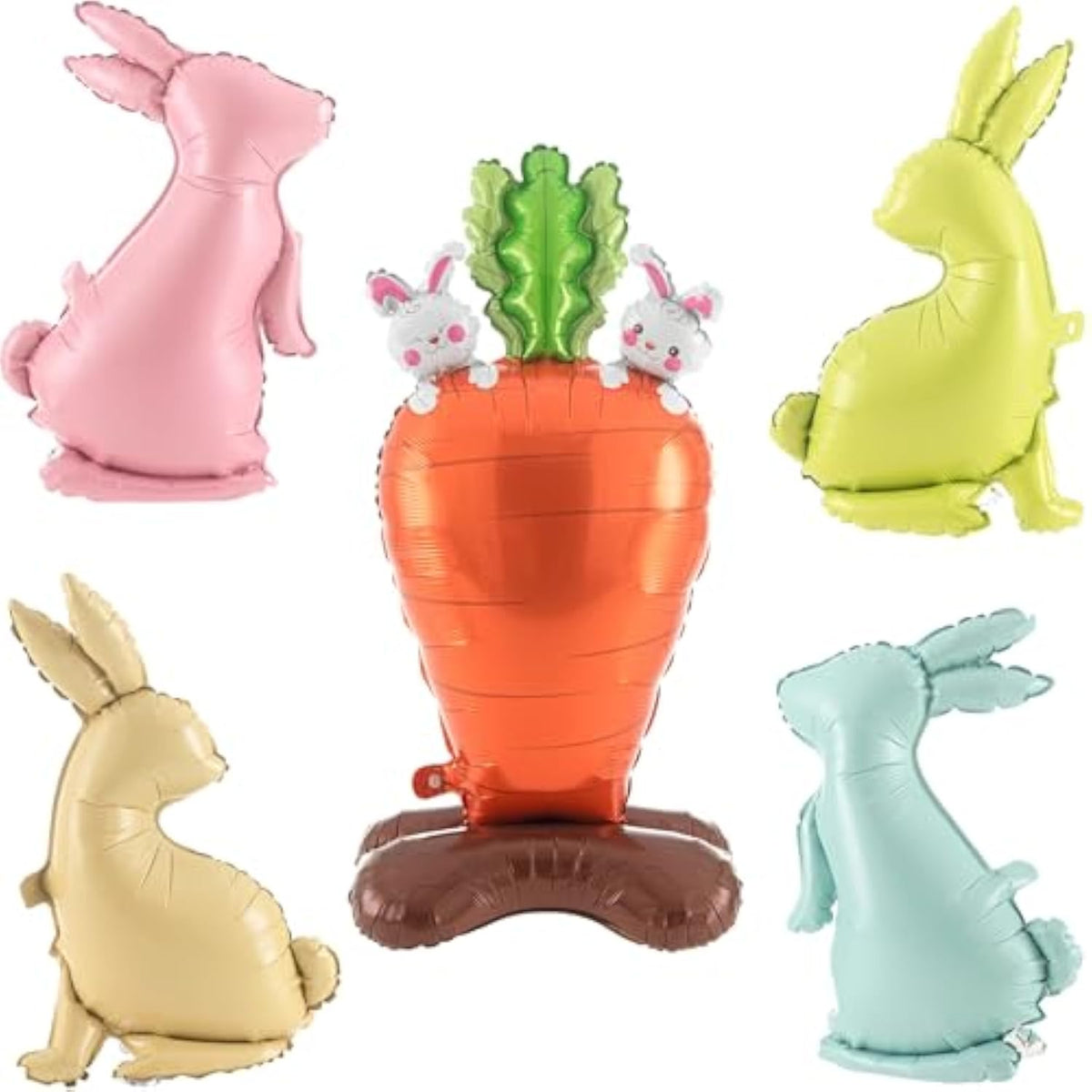 5 Pcs Easter Balloons Large Size Bunny Rabbit Carrot Shaped Foil Balloons With Base Standing For Happy Easter Birthday Party Spring Baby Shower Animal Themed Party Decorations