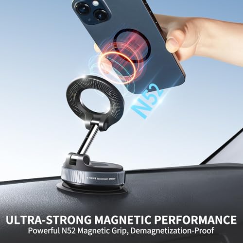 Vacuum Suction Magnetic Phone Holder, 2025 Upgraded Foldable Retractable Suction Cup Car Phone Mount for Magsafe, 360° Adjustable Magnetic Phone
