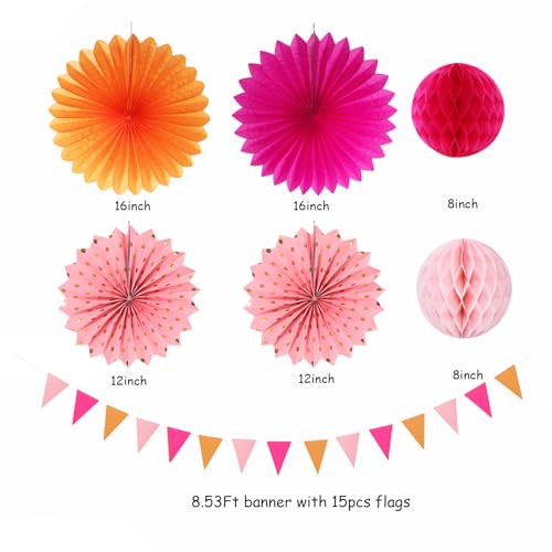 Pink-Orange Fall Party-Decorations Paper-Flowers Lanterns - 20PCS Autumn Wedding Birthday Tissue Pom Poms Streamers Fans Honeycomb, Groovy Boho Baby Shower Rustic Hanging Supplies Decor