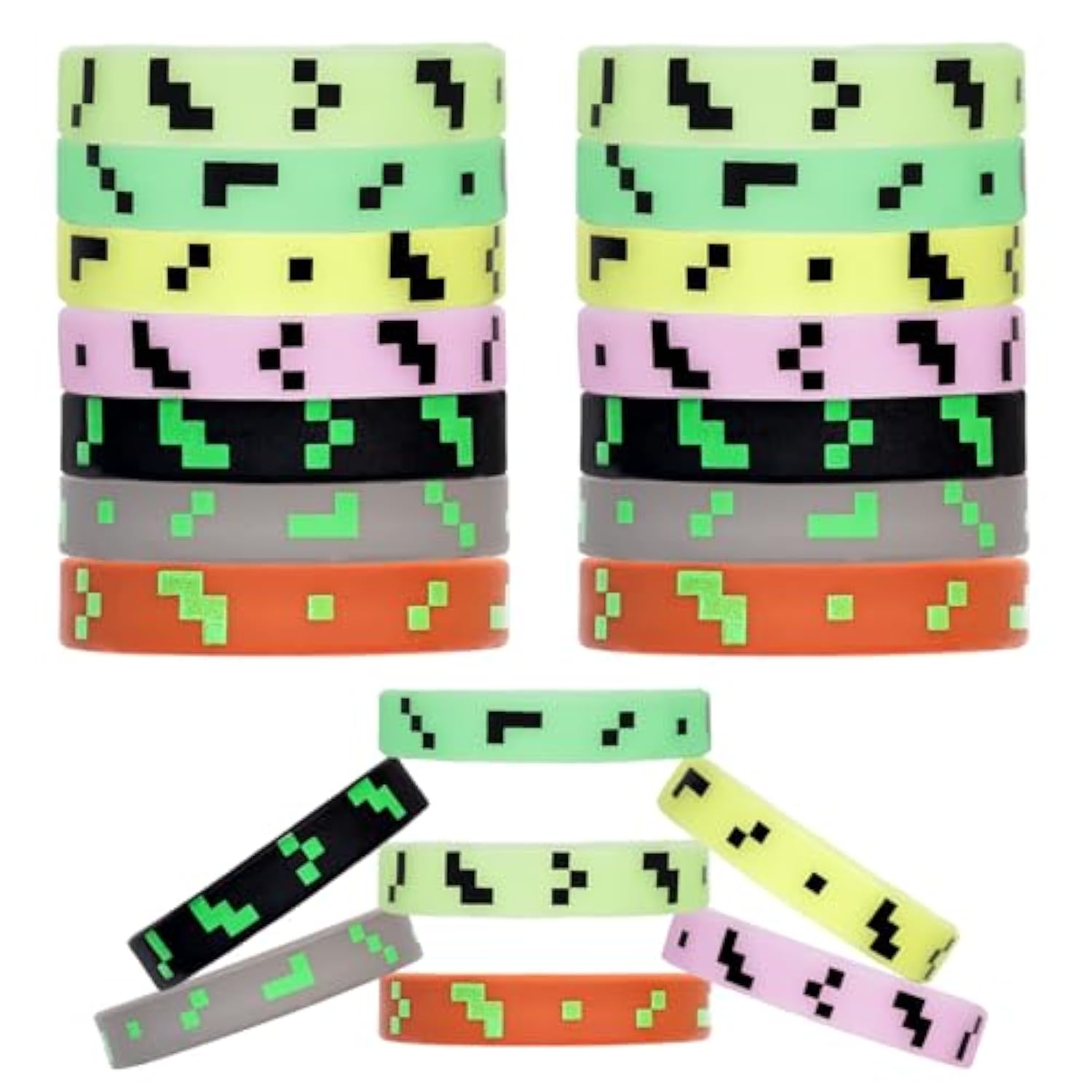 Pixel Party Favors, 28Pcs Pixel Silicone Bracelets Glow In The Dark Pixel Wristband For Pixel Theme Kids Birthday Party Decorations Supplies