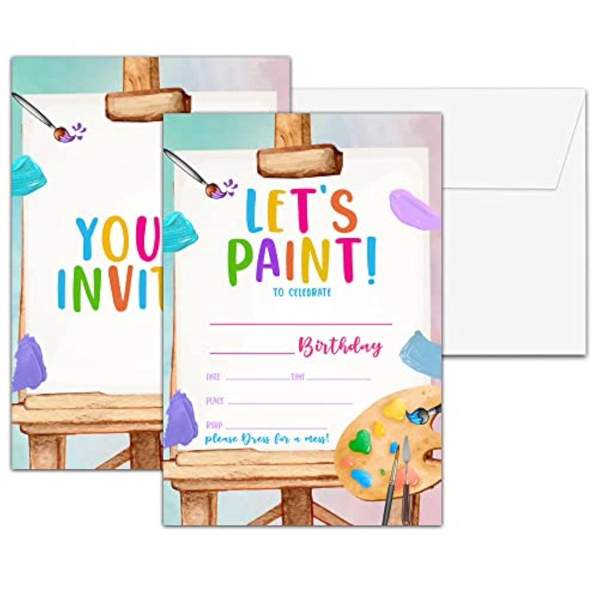 Art Birthday Party Invitations, Let'S Paint Birthday Invitation, Double-Sided Fill In Invites, Painting Birthday Party Decorations, 20 Cards With 20 Envelopes(D12)
