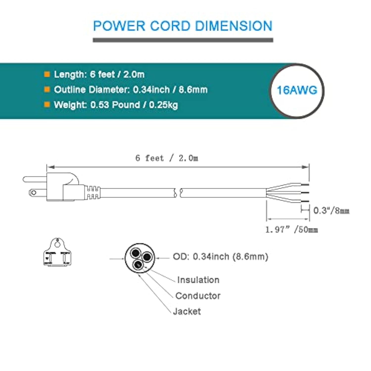 16AWG 6ft 3-Prong Power Cord Pigtail NEMA 5-15P 120V 13A 1625W Heavy Duty