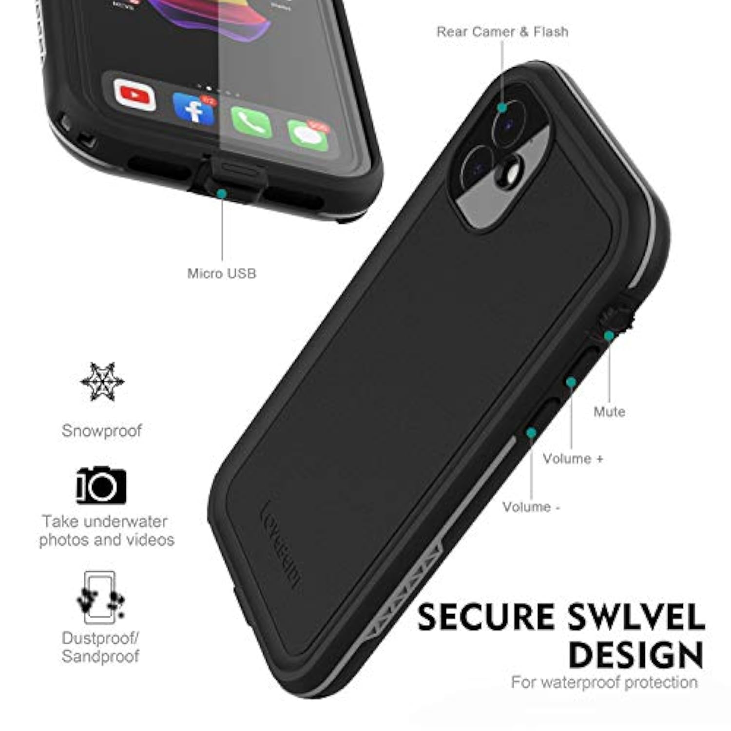 For Iphone 11 Waterproof Case 6.1 Screen Protector Underwater Shockproof Full-Body Dustproof Rugged Case For Aplle Iphone 11 (Black & Gray)