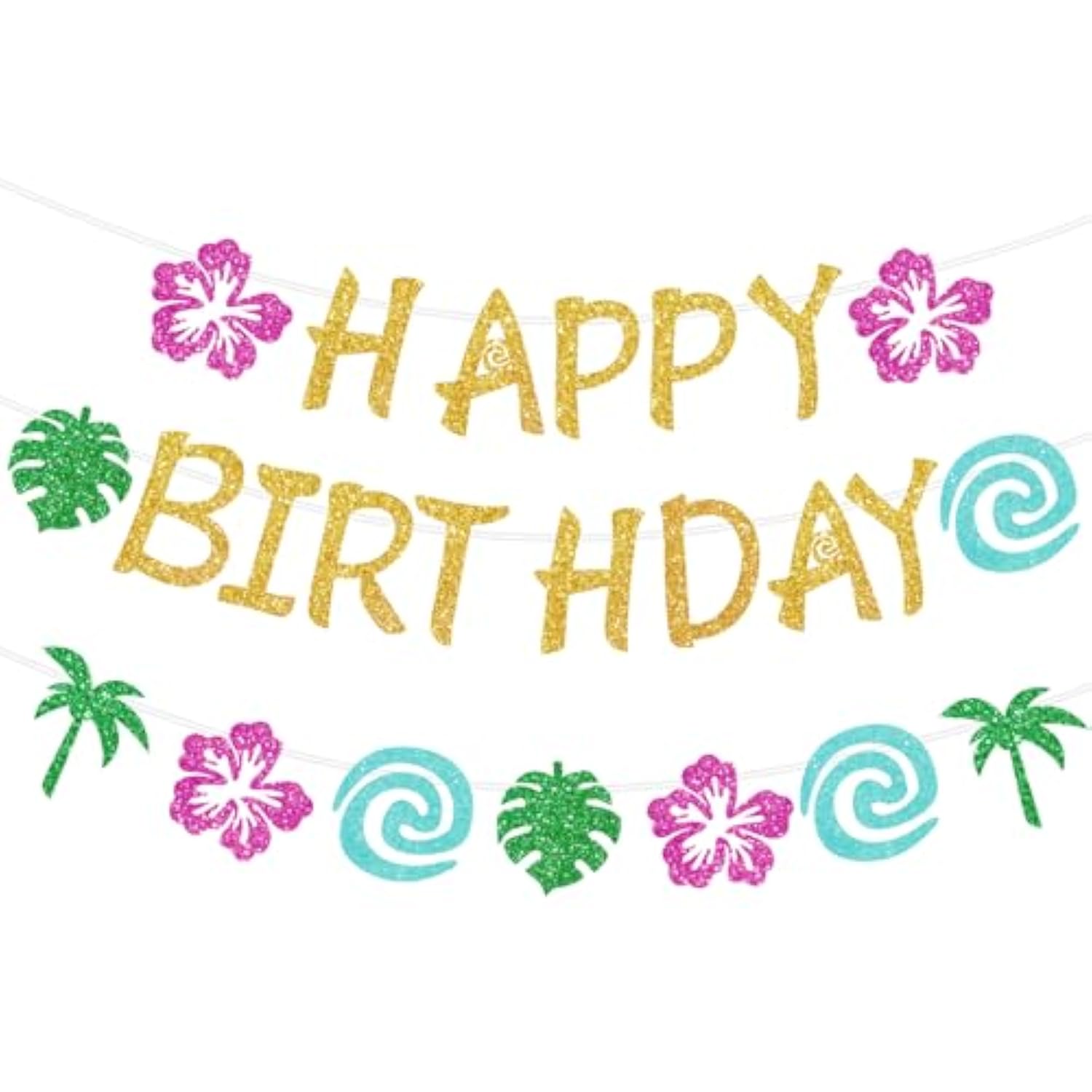 Glittery Gold Tropical Birthday Banner, DIY Luau Party, Summer Theme Decorations