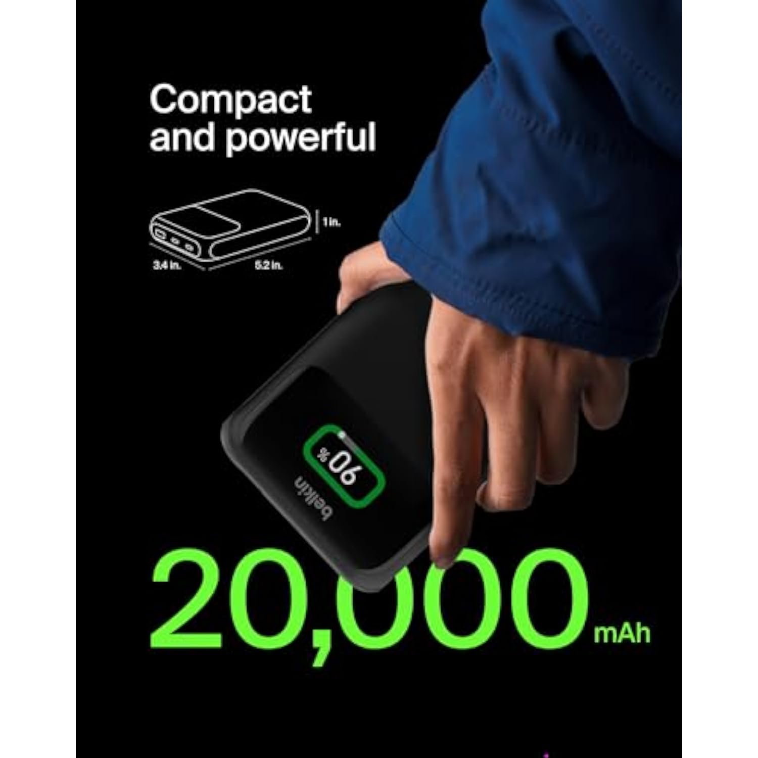 Belkin Portable Charger, 3-Port Laptop Power Bank 20000 mAh - USB-C & USB-A Ports, 65W iPhone Charger Fast Charging - MacBook, Apple iPhone 17, iPad, Samsung Galaxy S25, Nintendo Switch 2, etc - Black