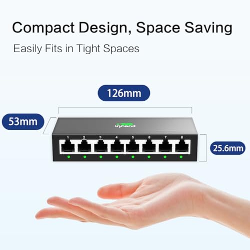 Inhand Es220-8T 8-Port Unmanaged Gigabit Switch | Plug And Play Network Extender | Fanless Metal C